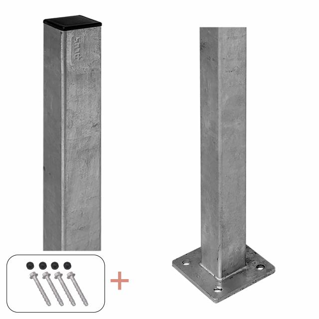 Stålstolpe m/fod 4,5×4,5×96 cm - m/stolpeafdækning/bolte
