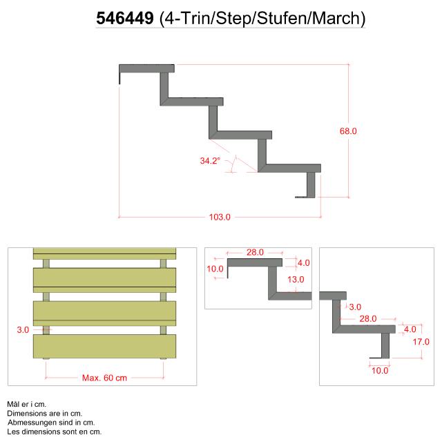 34,2°  Trappevange 4-trin m/beslag - Trindybde 28 cm