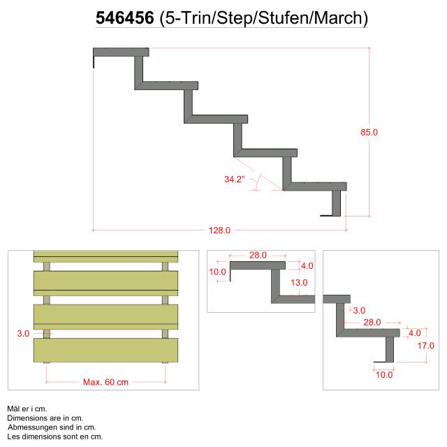 34,2° Trappevange 5-trin m/beslag - Trindybde 28 cm