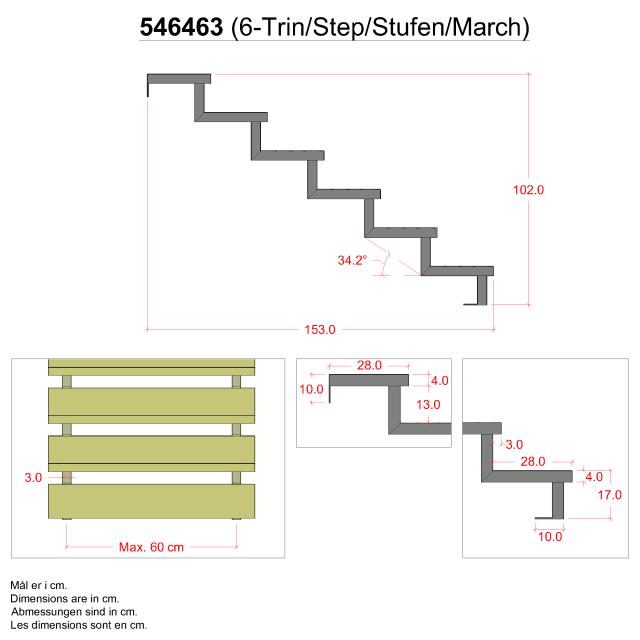 34,2° Trappevange 6-trin m/beslag - Trindybde 28 cm