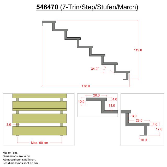 34,2° Trappevange 7-trin m/beslag - Trindybde 28 cm