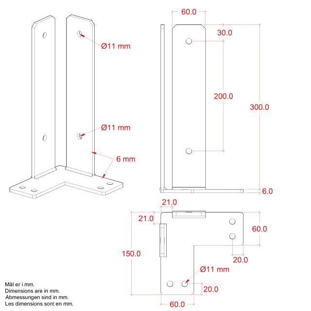 Eck Pfostenfuß 9×9×30 für fundamentsmontage - m/ Schrauben