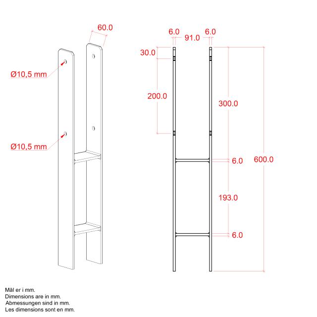 H-Pfostenfuß 60 cm - 9×9 Pfosten - für Einbetonieren - m/ Schrauben