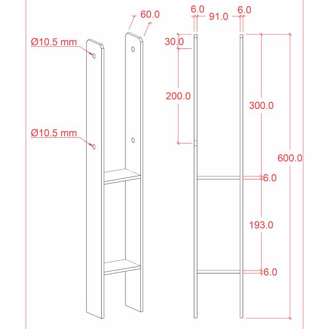 H-stolpefot 60 cm - 9×9 cm stolper - for nedstøpning - m/skruer