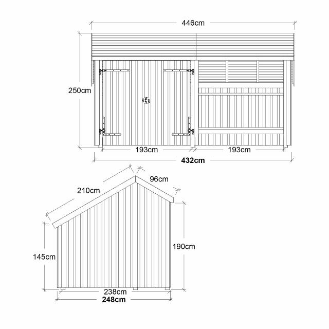 Multi Havehus 10,5 m² - 2 moduler m/dobbeltdør og åben front - inkl. tagpap/alulister